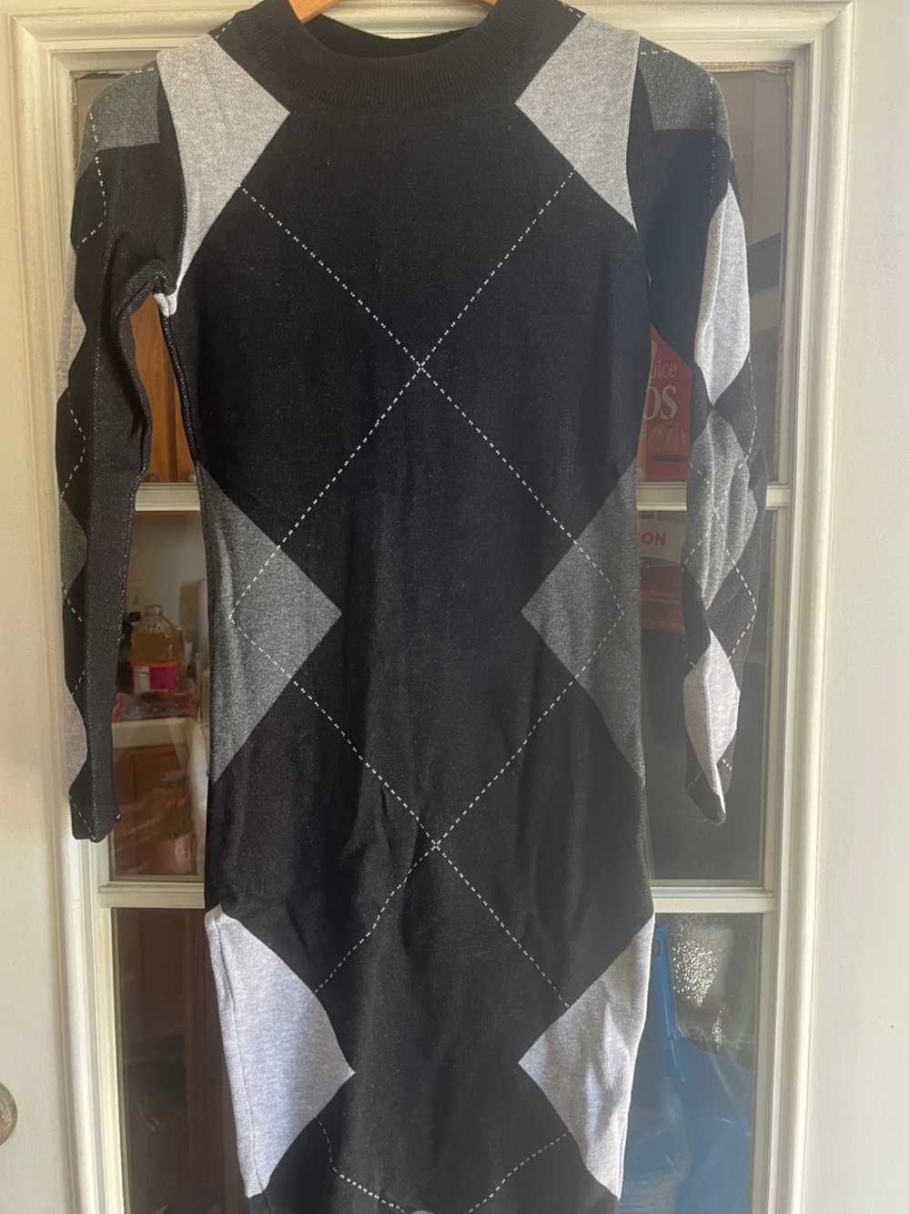 Lipsy Black and Gray Argyle Midi Sweater Dress